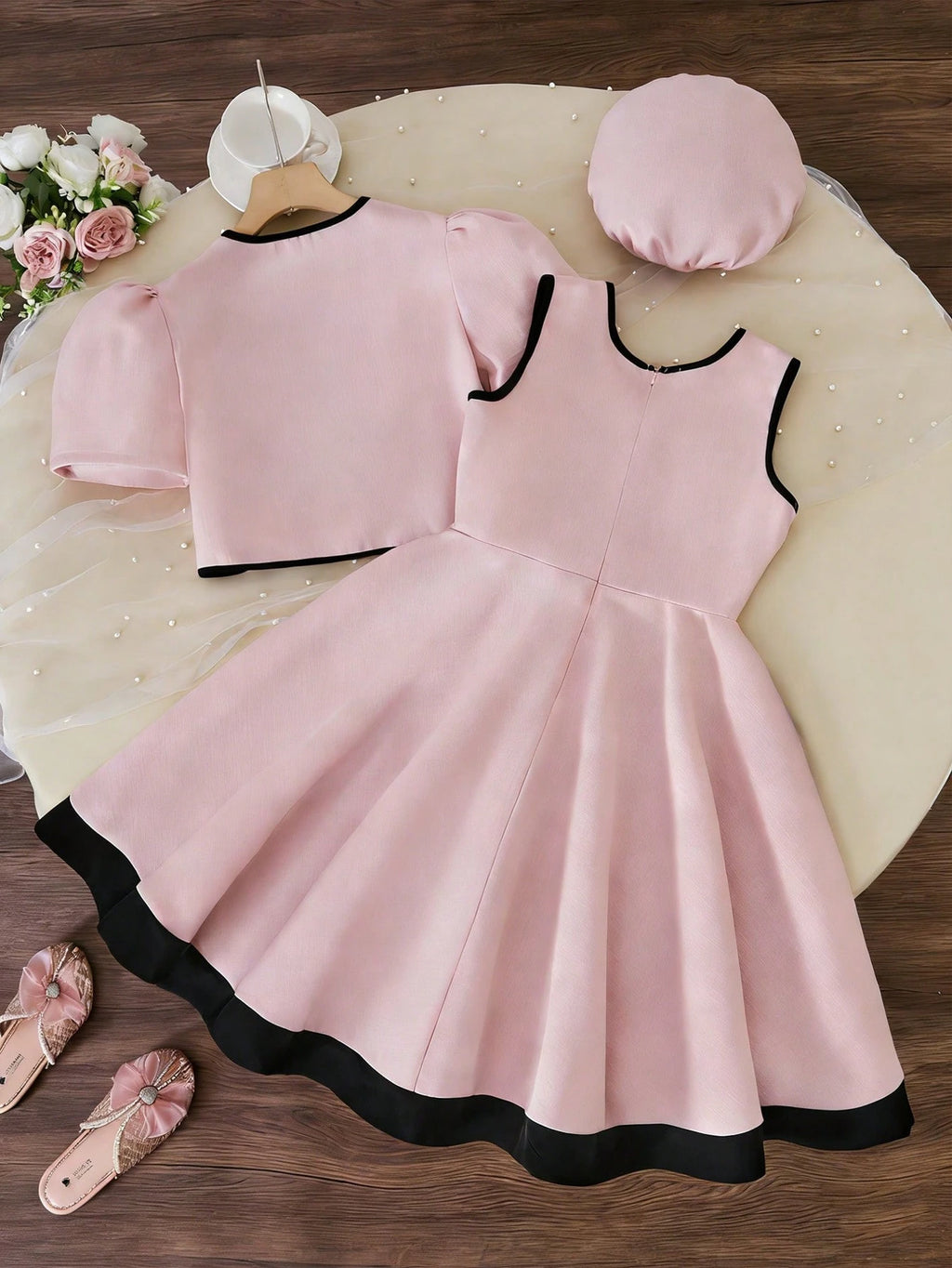 Tween Girls Pink Round Neck Blouse And Short Skirt Coords Cute Puff Sleeve Fitted Dress Set Pink