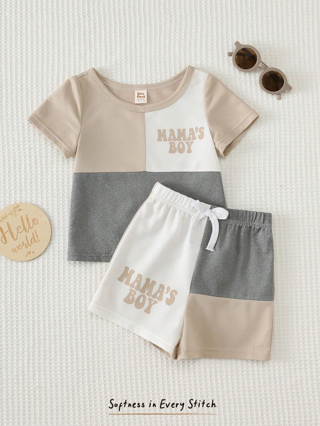 Bambinoo x Cozy Pixies Baby Boy 2-Piece Knit Letter Print Pullover & Shorts Set Multicolor