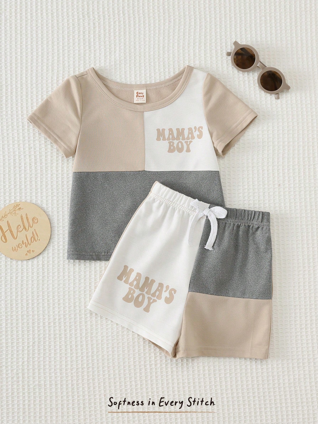 Bambinoo x Cozy Pixies Baby Boy 2-Piece Knit Letter Print Pullover & Shorts Set Multicolor