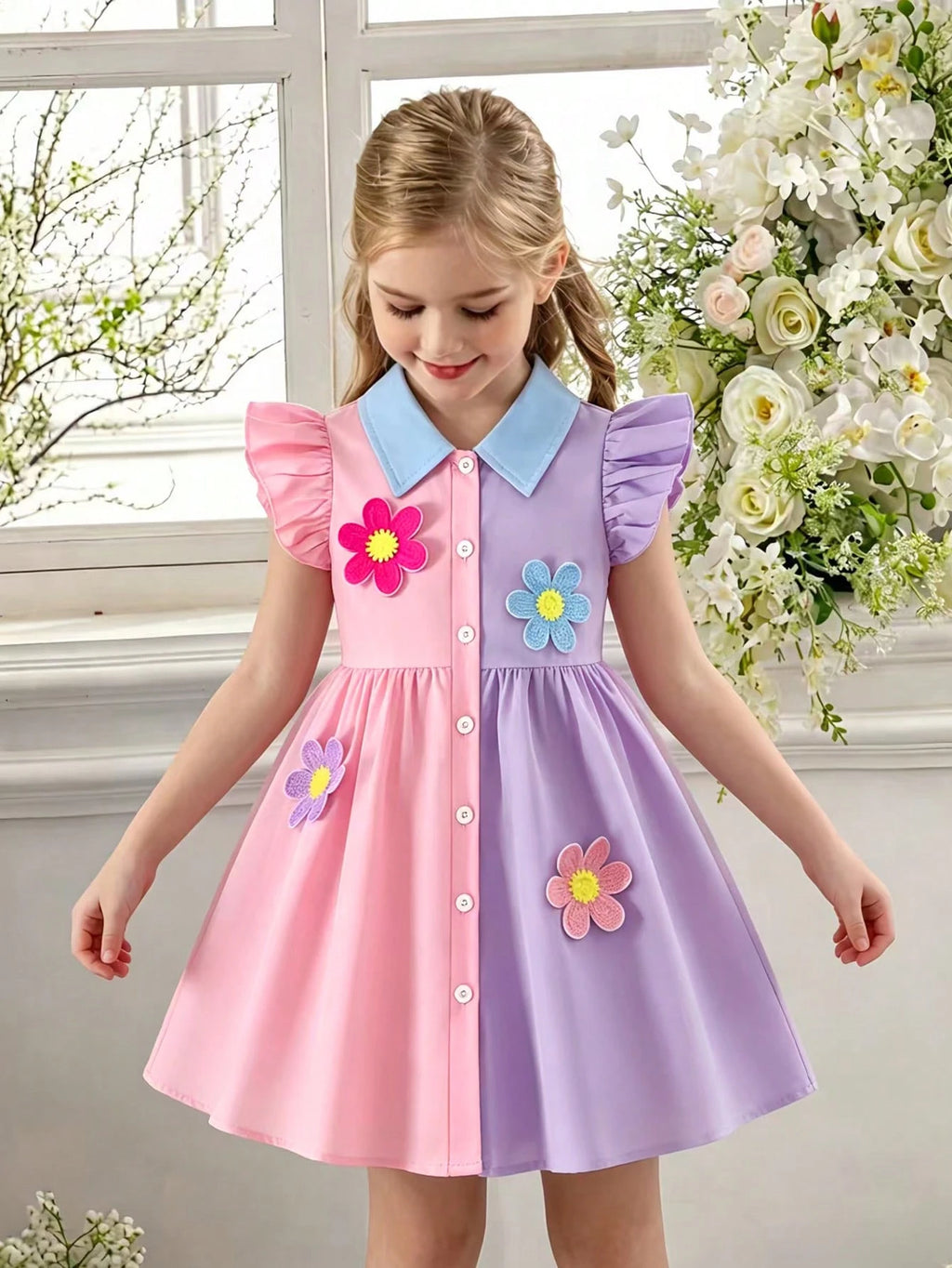 Robe Chemise Fille Colorblock Rose Violet Fleurs 3D
