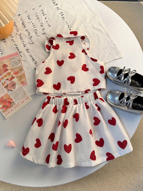 Baby Girl 2-Piece Heart Collar Sleeveless Top & Pleated Skirt Set White