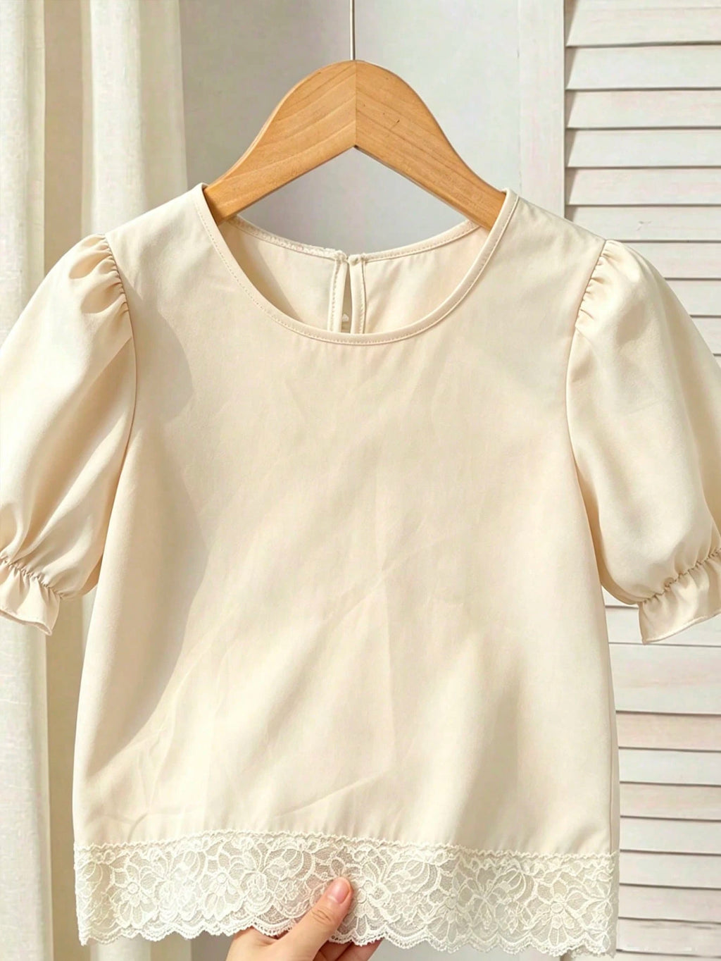 Girls' White Shirt with Embroidered Lace Collar