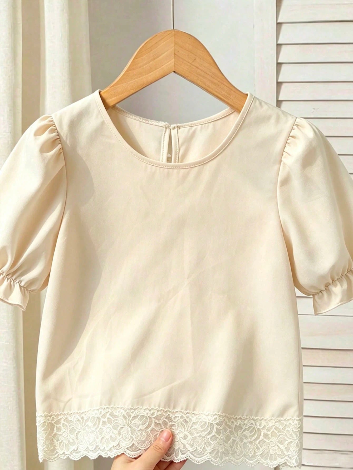 Girls' White Shirt with Embroidered Lace Collar