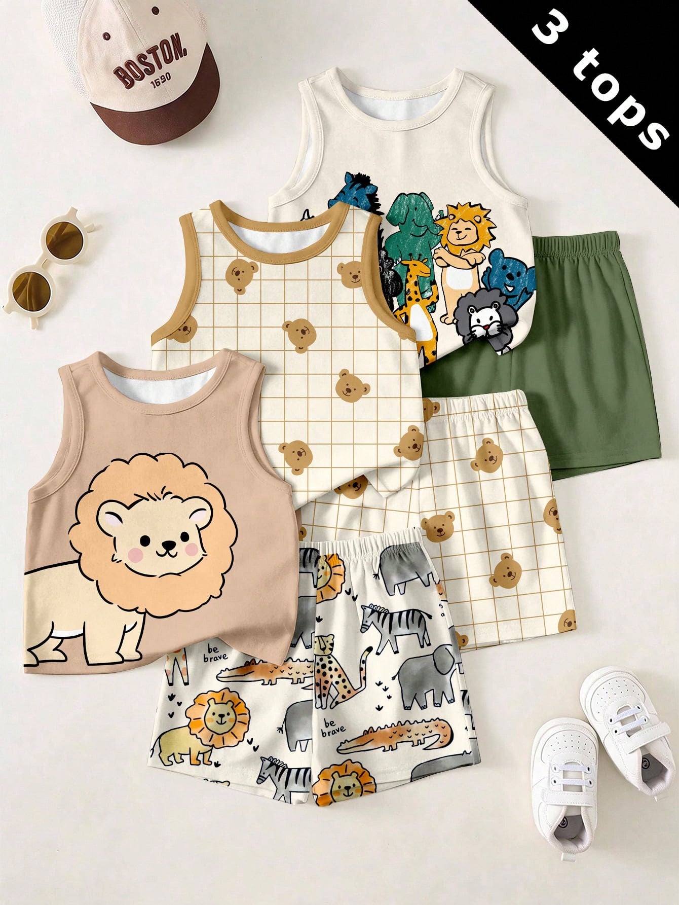 Baby Boy Casual Simple Tank Top 3pcs Set Suitable For Summer Multicolor