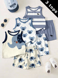 Baby Boy Casual Simple Tank Top 3pcs Set Suitable For Summer Multicolor