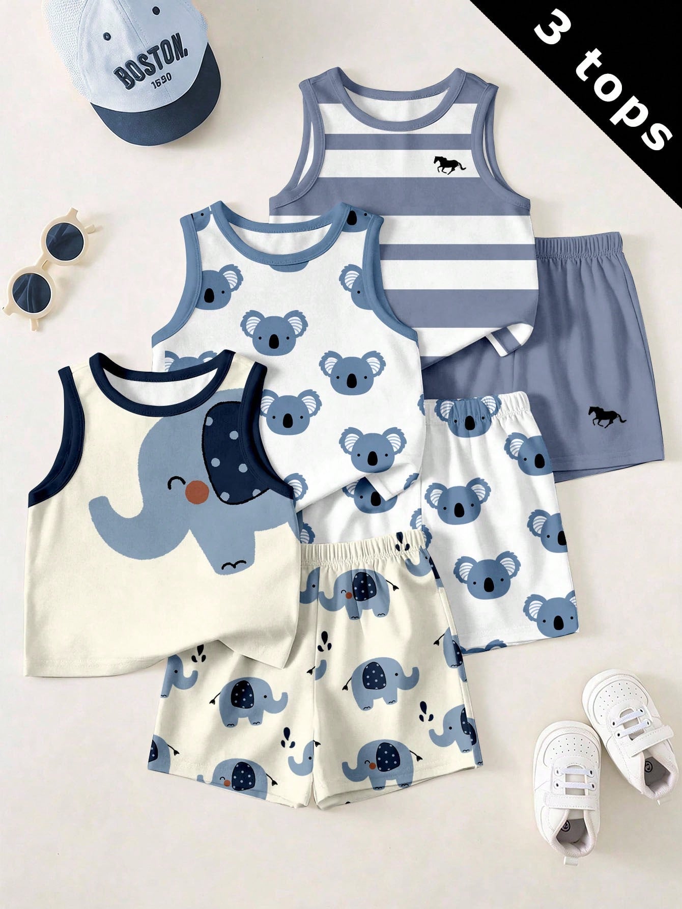 Baby Boy Casual Simple Tank Top 3pcs Set Suitable For Summer Multicolor