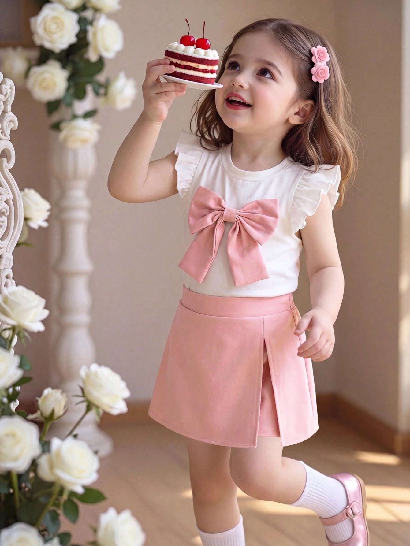 Ensemble 2 pièces Souflis pour bébé fille : haut rose et short fendu