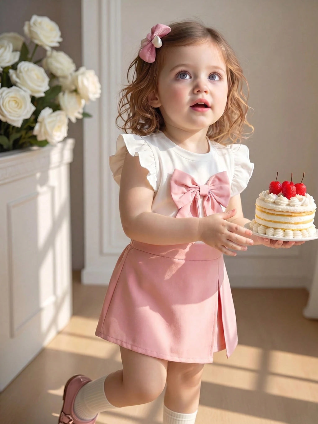 Ensemble 2 pièces Souflis pour bébé fille : haut rose et short fendu