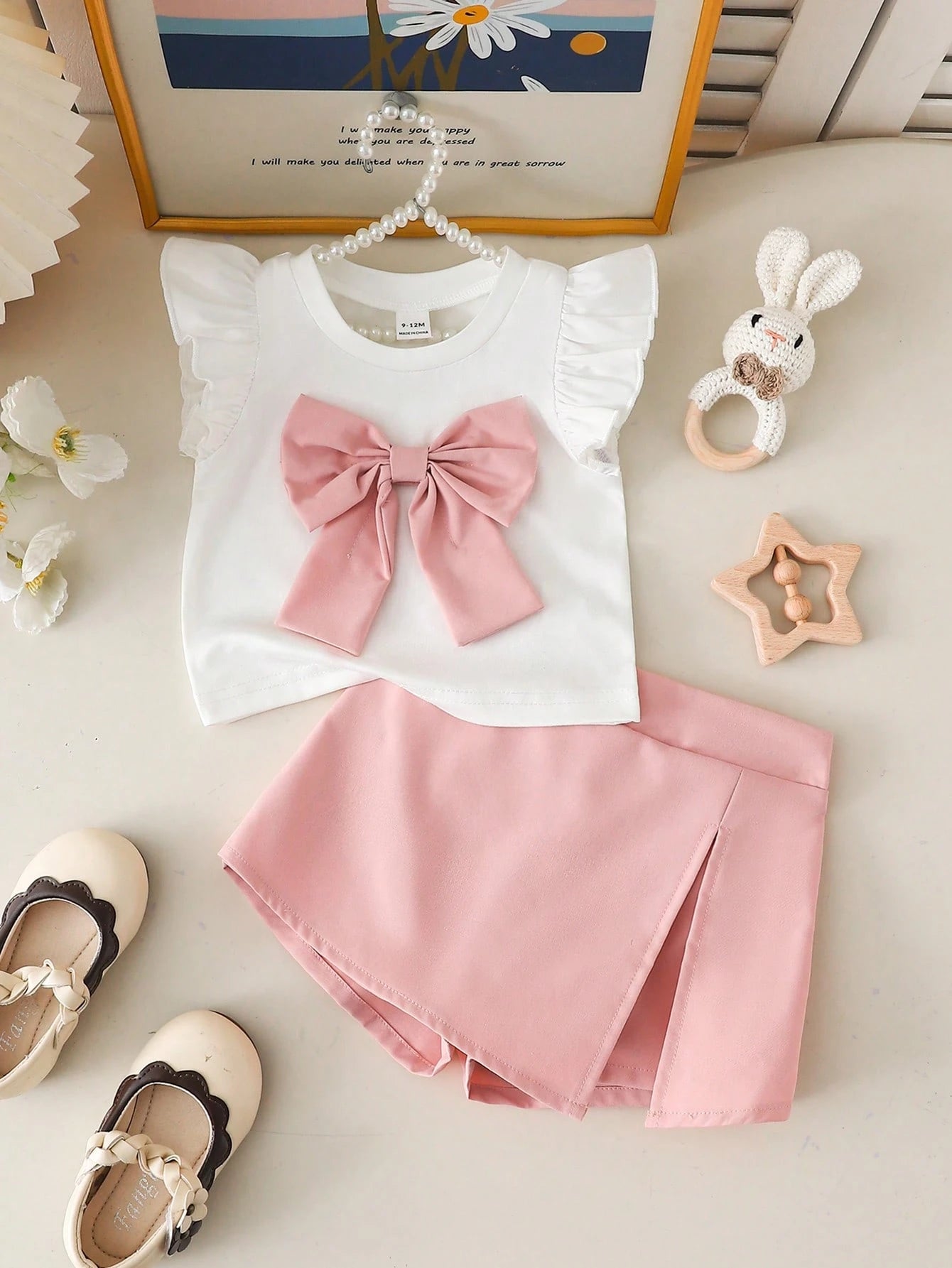 Ensemble 2 pièces Souflis pour bébé fille : haut rose et short fendu