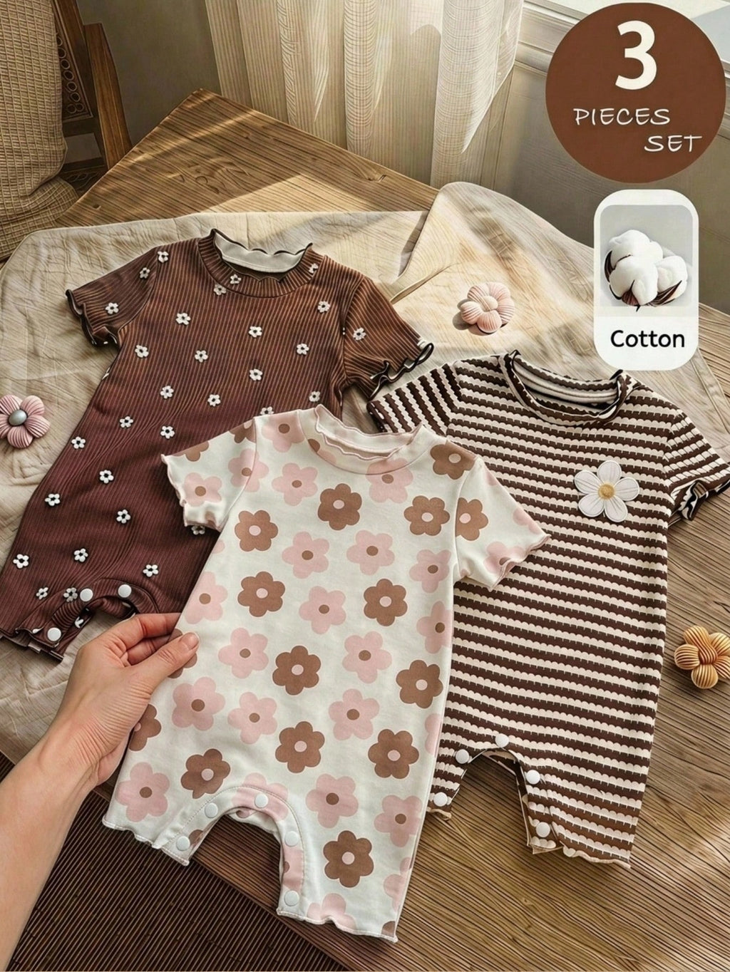 LMoss Kids 3pcs Baby Girl Knitted Cute Floral Pattern Casual Romper Set Multicolor