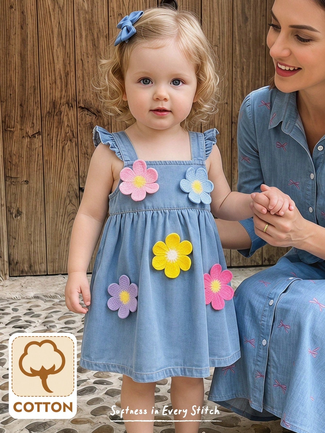 Robe en jean Bambinoo x Cozy Pixies pour bébé fille à motif floral marguerite et taille cintrée