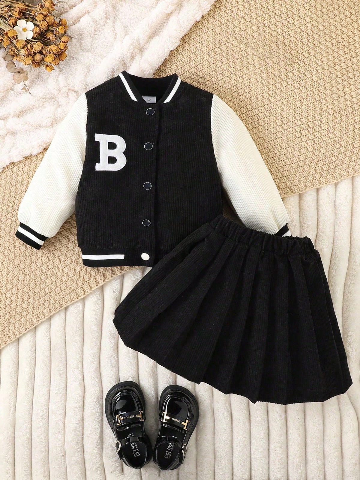 Young Girl Baseball Jacket Corduroy Skirt 2 Piece Set Black