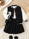 Ensemble 2 pièces pour jeune fille composé d'une veste de baseball et d'une jupe en velours côtelé, noir