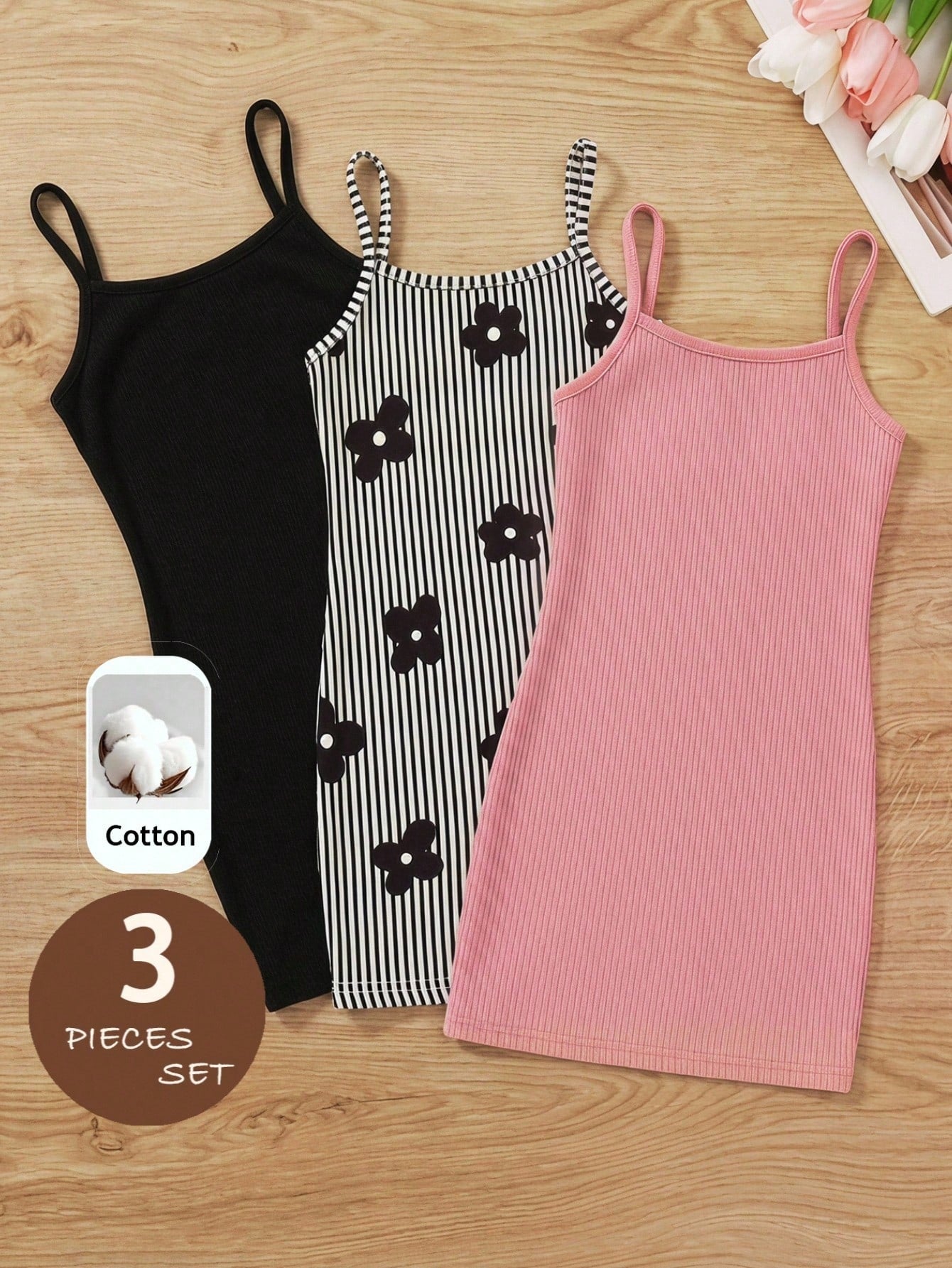 Lot 3 Robes Camisole Fille Uni Rayé Floral