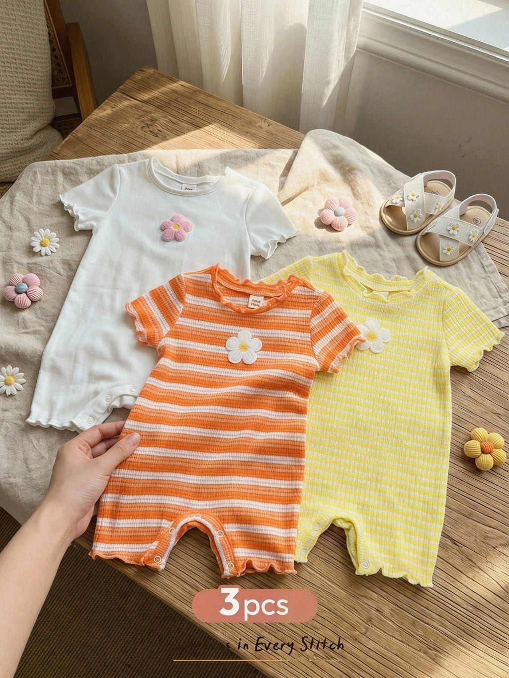 Bambinoo x Cozy Pixies Baby Girl 3-Piece Floral & Striped Romper and Shorts Set