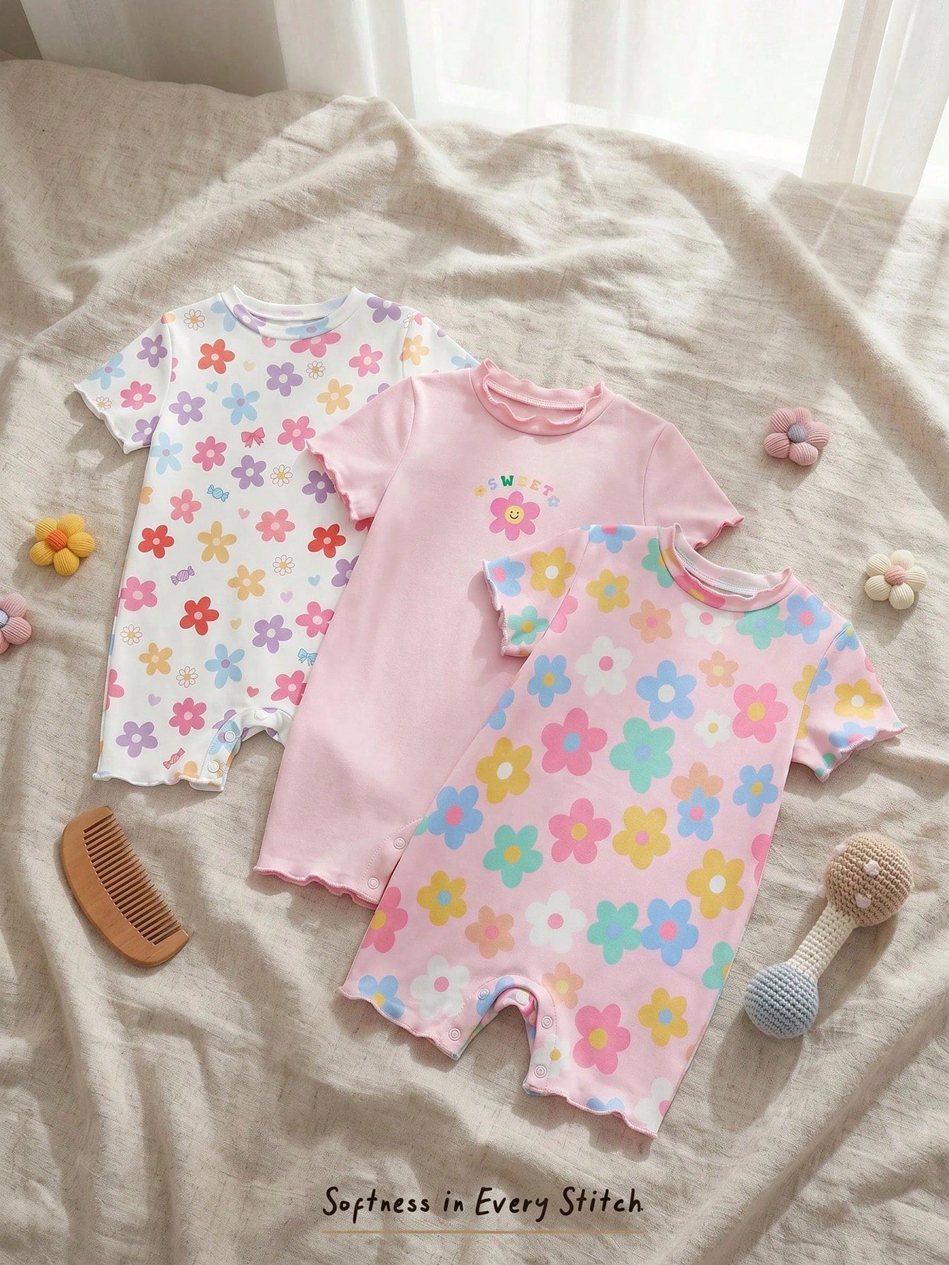 Bambinoo x Cozy Pixies - Lot de 3 bodys floraux et rayés pour bébé fille