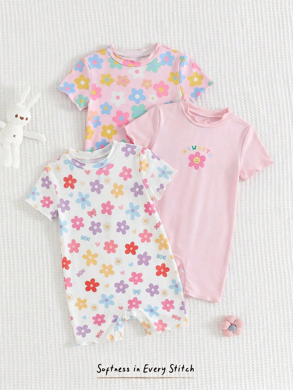 Bambinoo x Cozy Pixies Baby Girl 3-Piece Floral & Striped Bodysuits