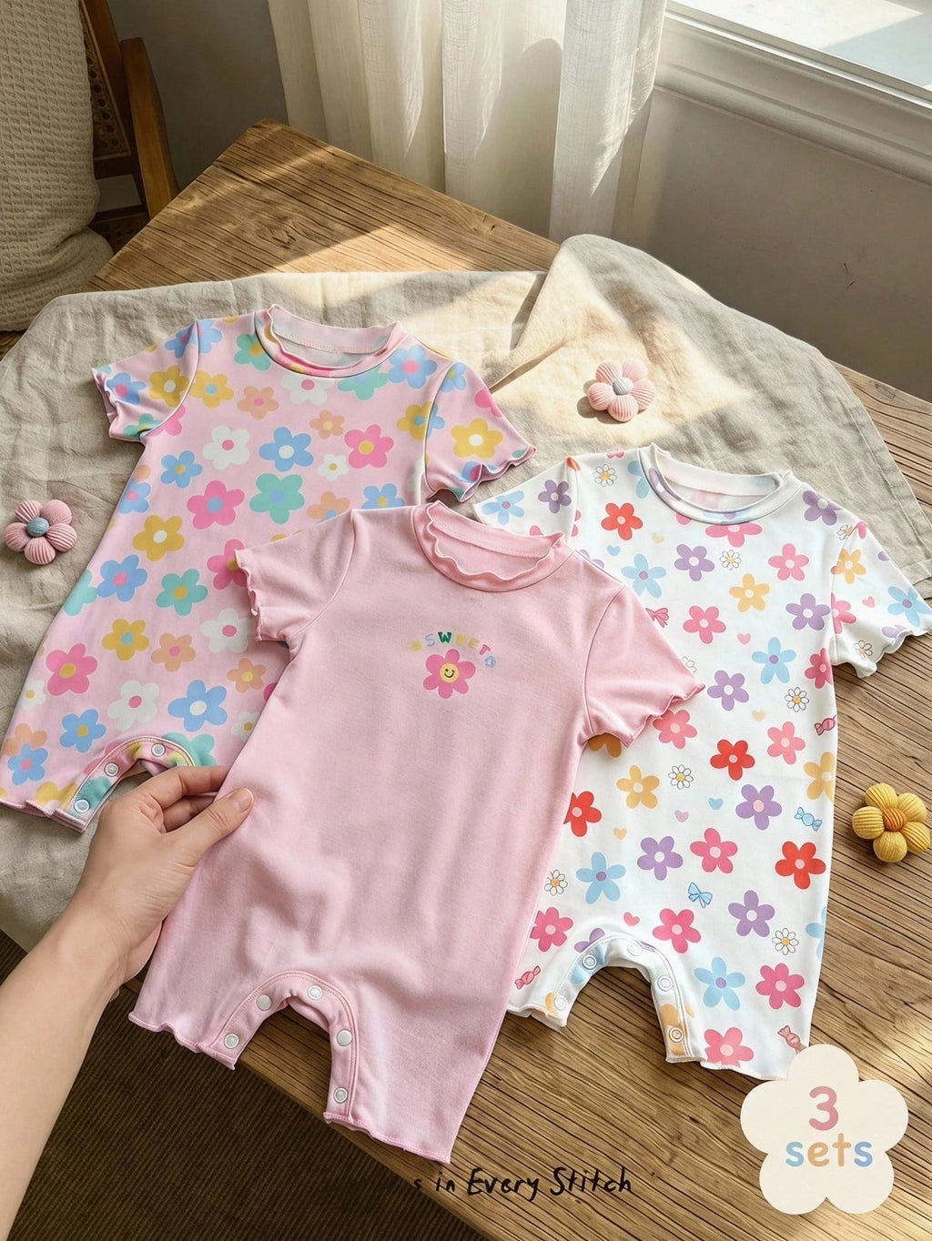Bambinoo x Cozy Pixies Baby Girl 3-Piece Floral & Striped Bodysuits