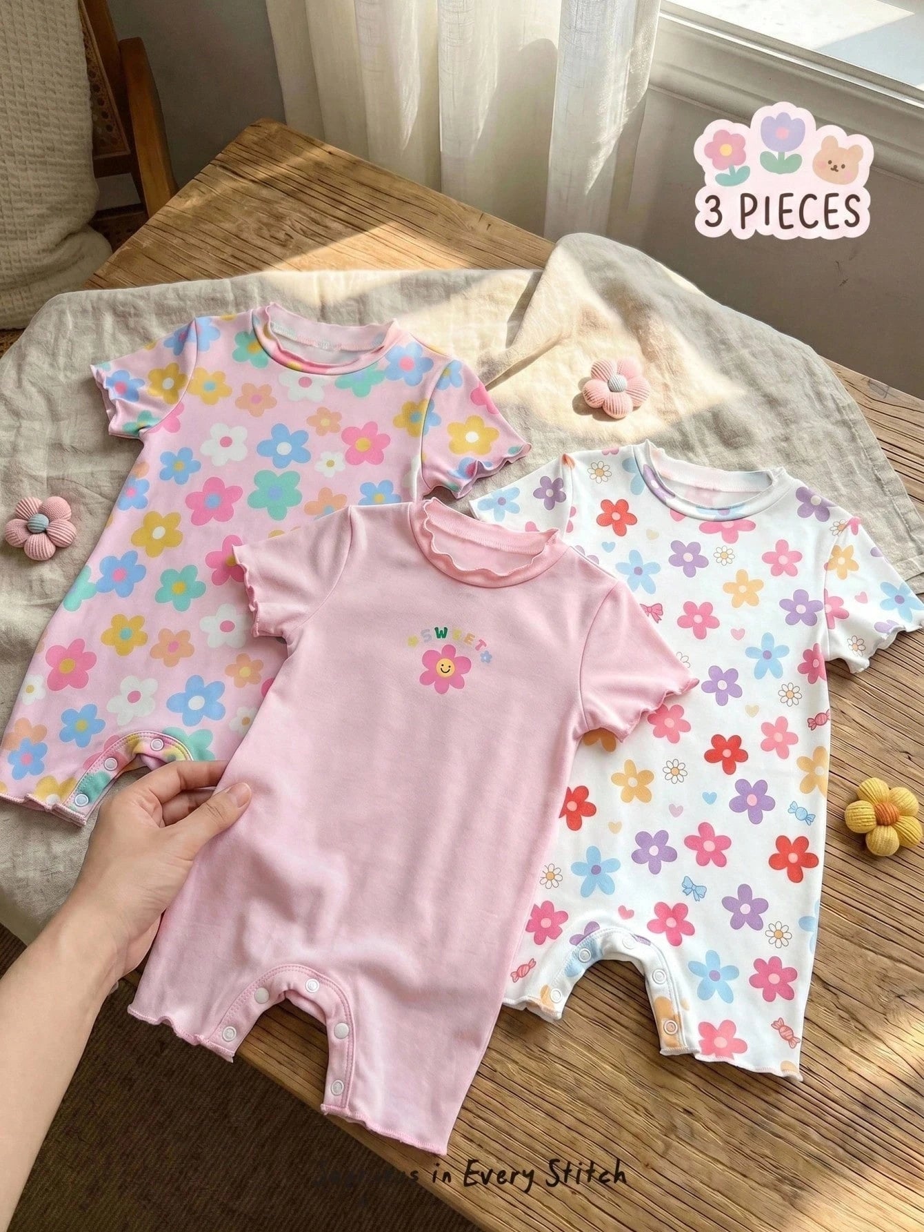 Bambinoo x Cozy Pixies Baby Girl 3-Piece Floral & Striped Bodysuits