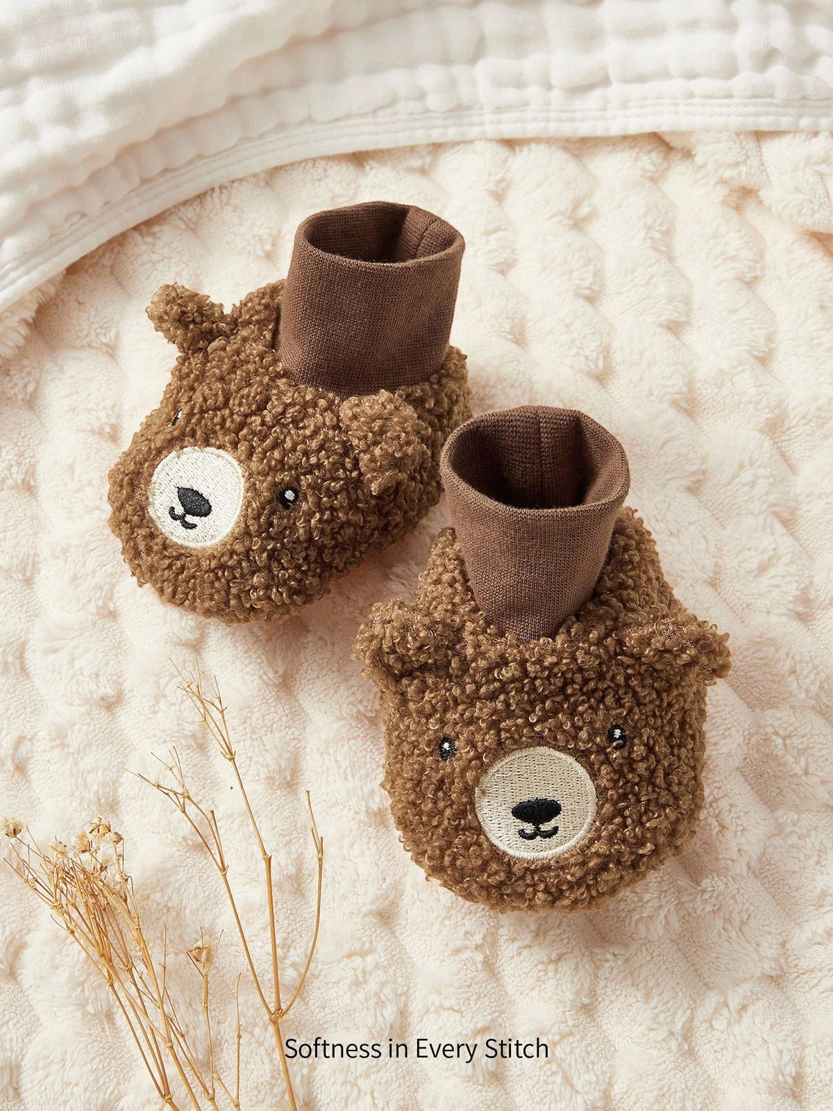 Cozy Pixies Baby Cute Bear Embroidered Soft Velvet Non-Slip Socks Brown