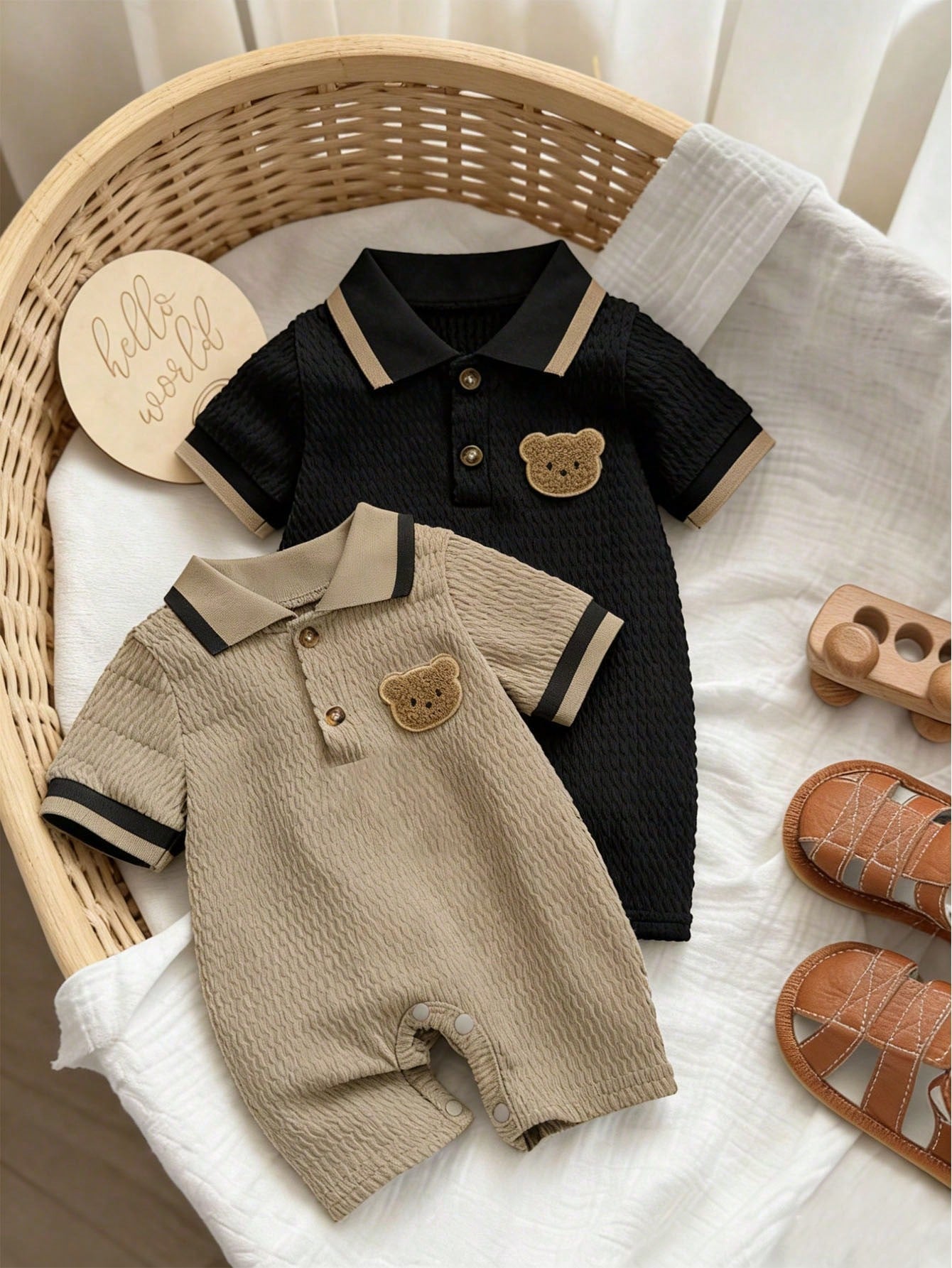 2-Piece Newborn Baby Boys' Embroidered Bear Short-Sleeve Polo Romper Set - Black