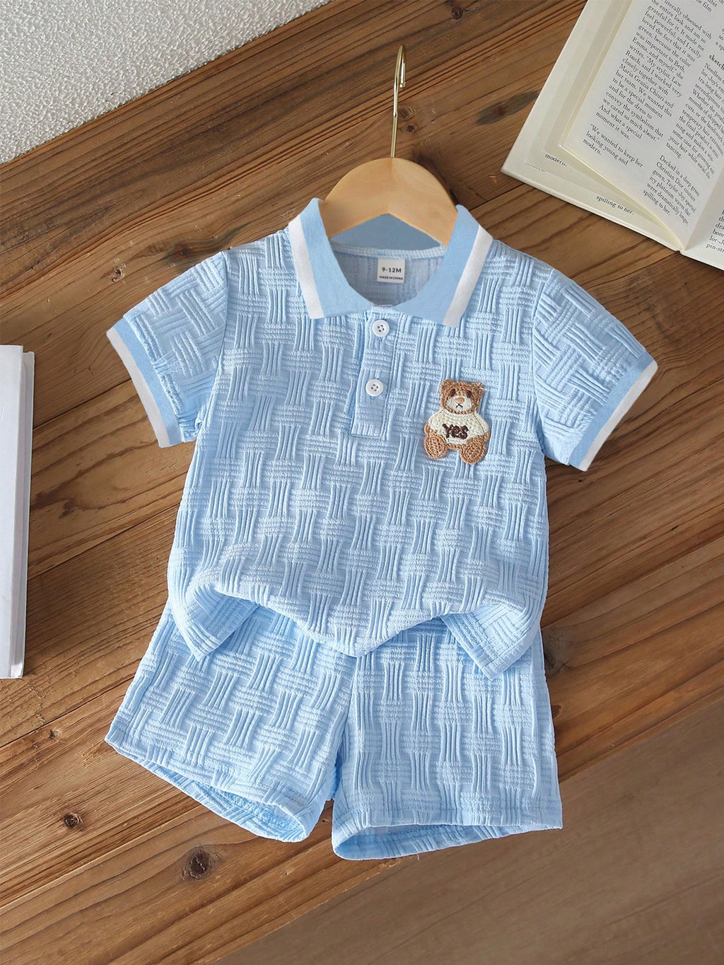 Souflis Souflis Babyboy White Summer Casual Jacquard Polo-Neck Short-Sleeved And Shorts Set Cute College-Style Black