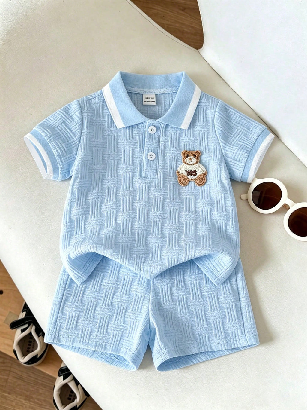 Souflis Souflis Babyboy White Summer Casual Jacquard Polo-Neck Short-Sleeved And Shorts Set Cute College-Style Green
