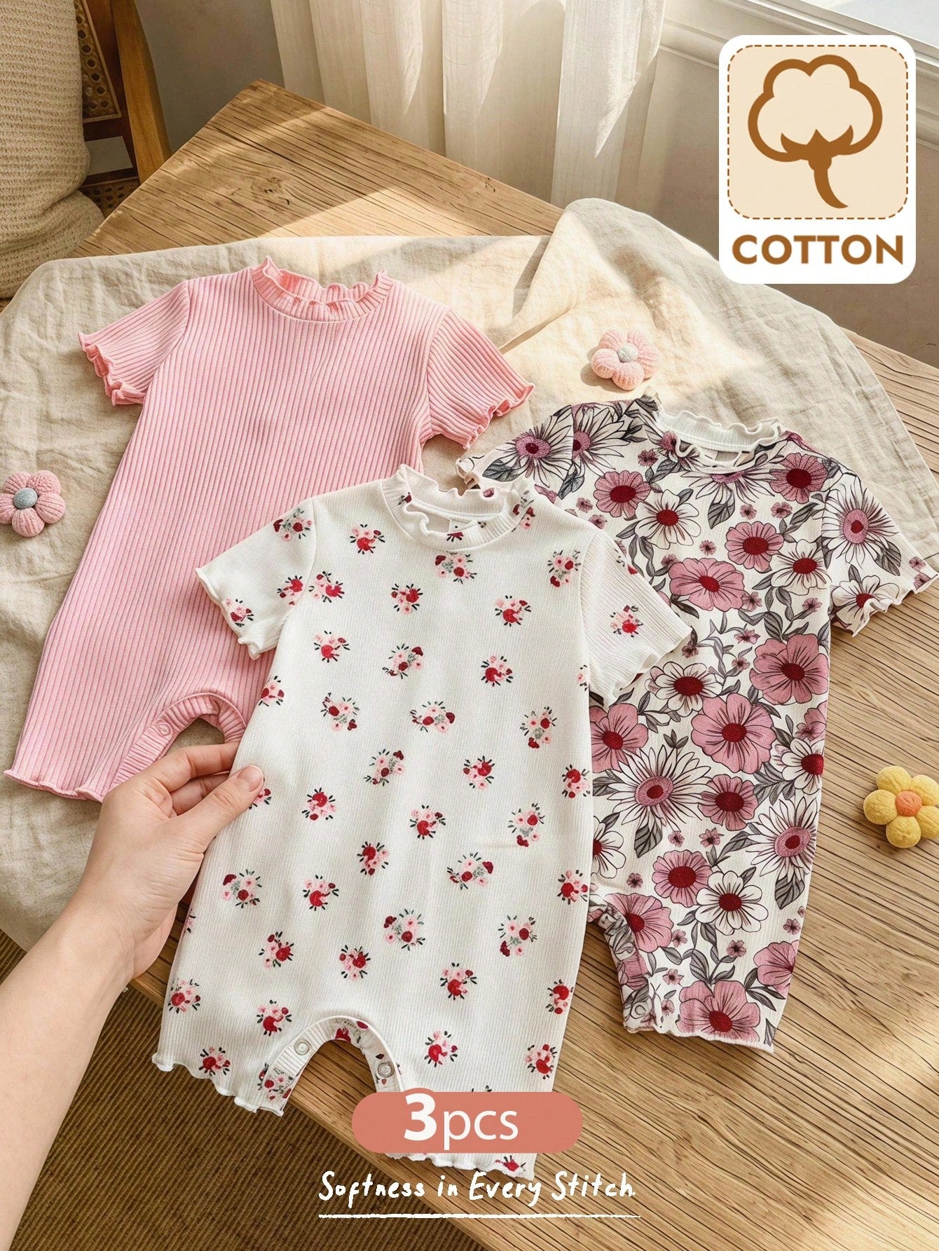 Ensemble 3 pièces de barboteuse et short fleuri et rayé Bambinoo x Cozy Pixies pour bébé fille