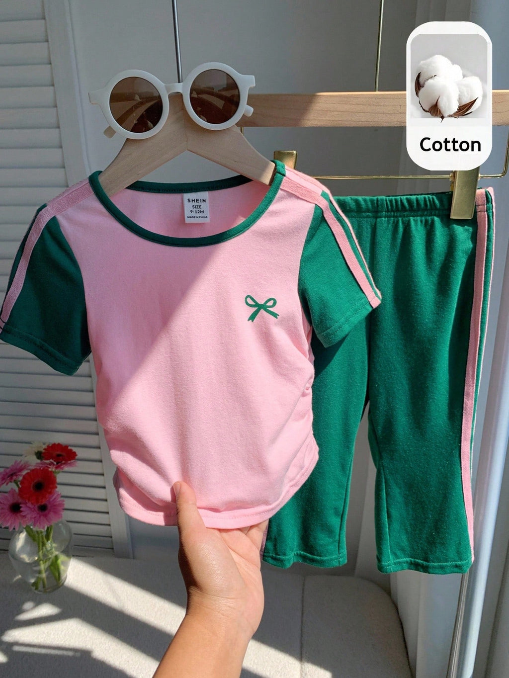 SHEIN Ensemble 2 pièces tricoté multicolore pour bébé fille avec t-shirt contrastant et pantalon long