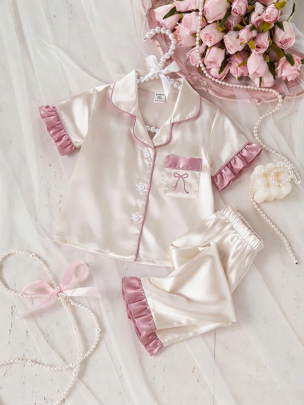 Ensemble deux pièces de loungewear pour bébé fille, couleur unie, broderie nœud papillon et volants, couleur champagne