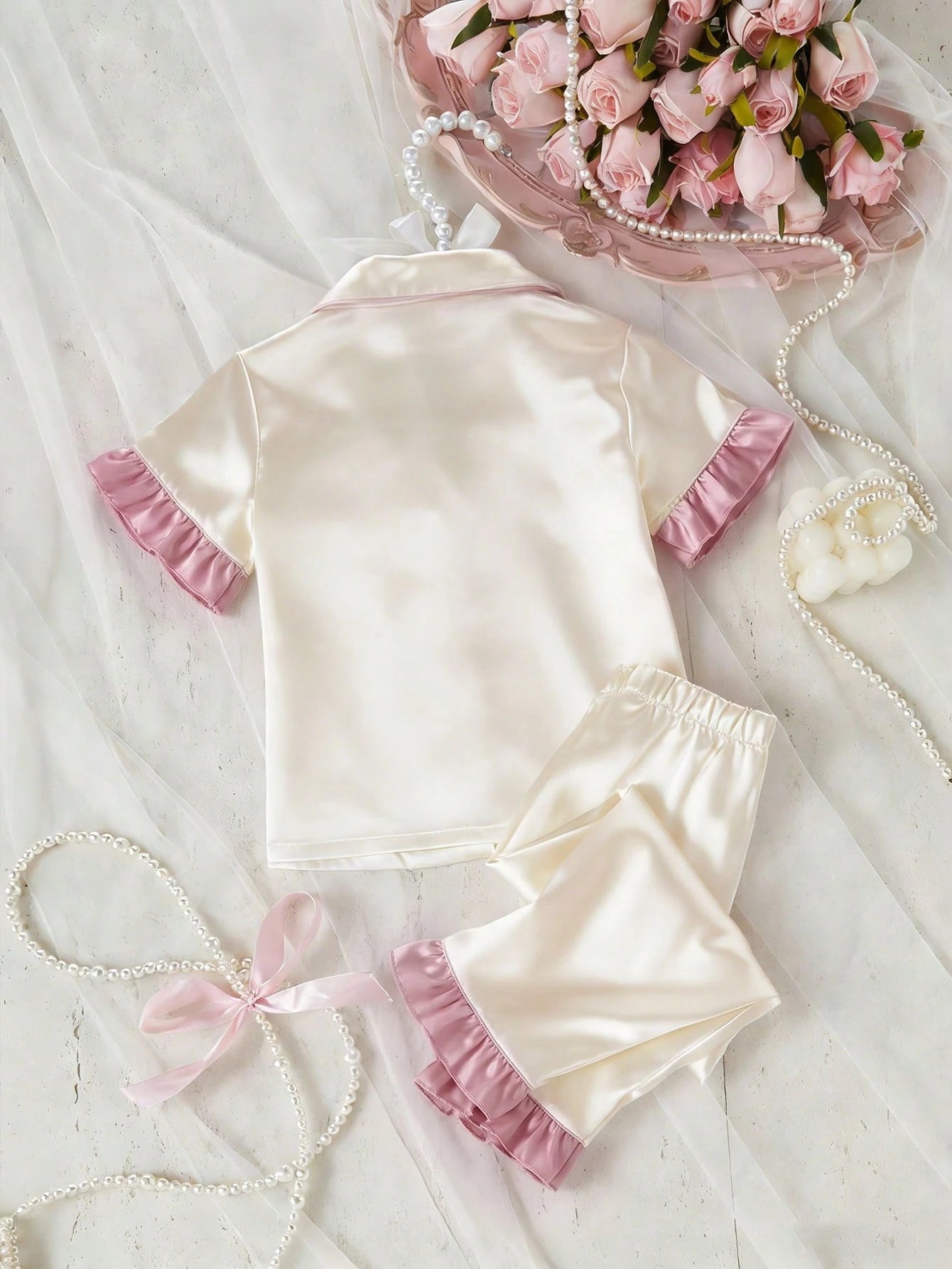 Ensemble deux pièces de loungewear pour bébé fille, couleur unie, broderie nœud papillon et volants, couleur champagne