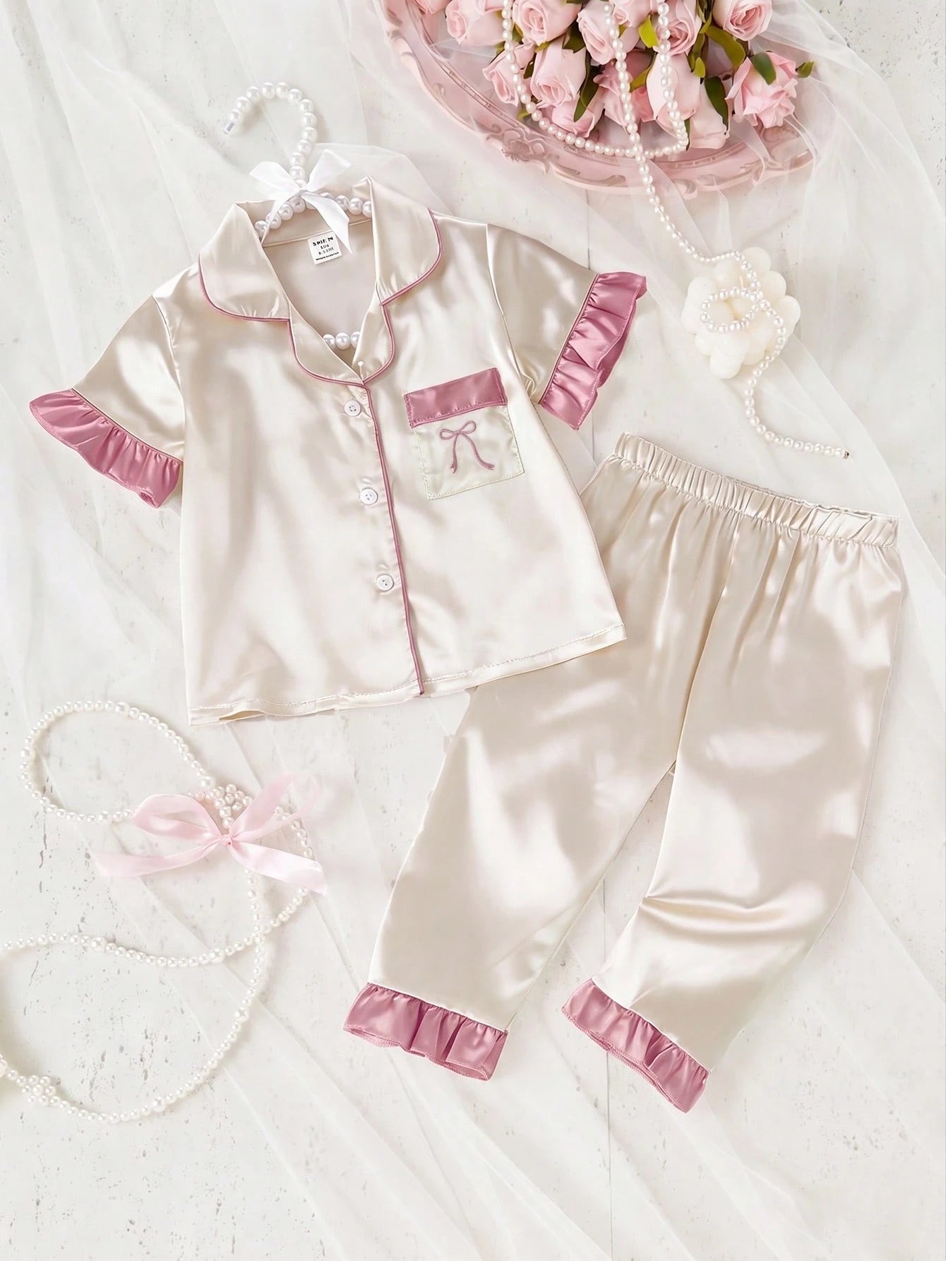 Ensemble deux pièces de loungewear pour bébé fille, couleur unie, broderie nœud papillon et volants, couleur champagne
