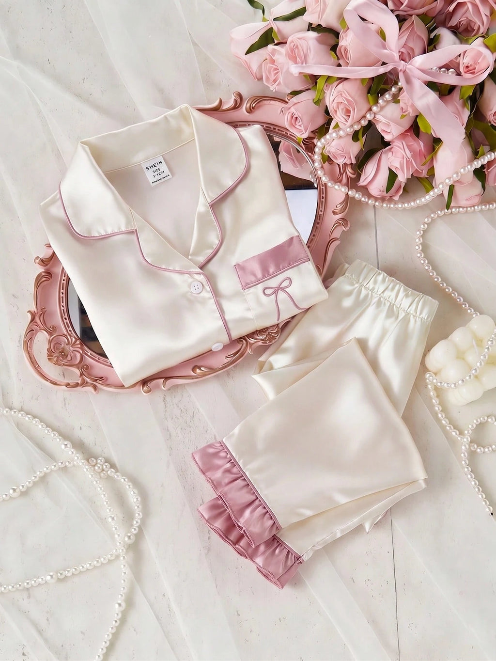 Ensemble deux pièces de loungewear pour bébé fille, couleur unie, broderie nœud papillon et volants, couleur champagne