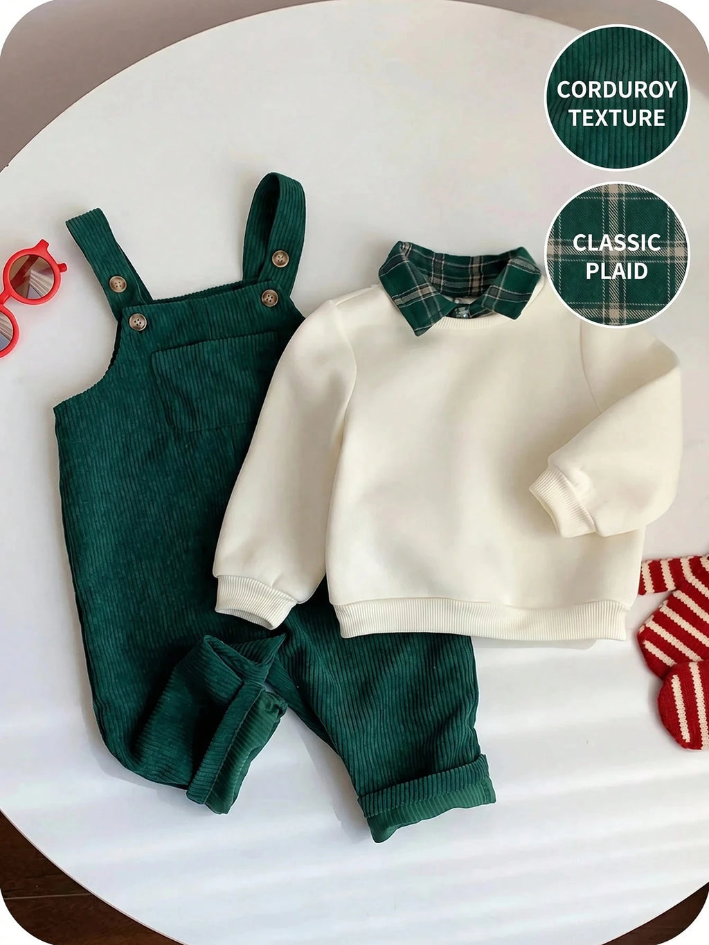 Ensemble sweat thermique et salopette en velours côtelé à carreaux pour bébé garçon