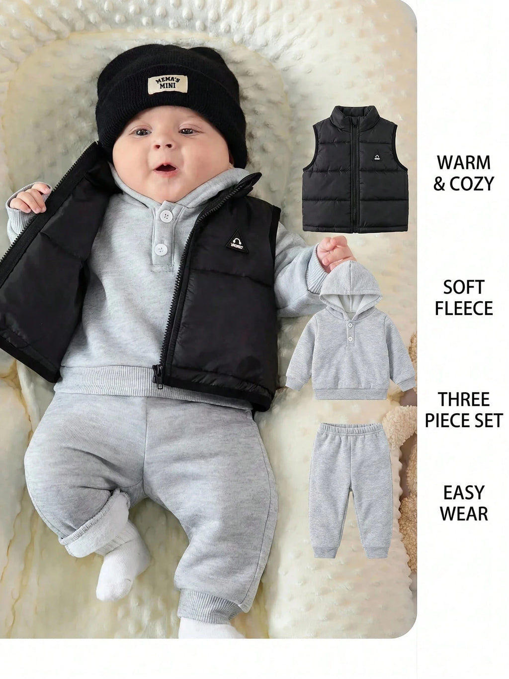Newborn Baby 3pc Hooded Sweatshirt Vest Set