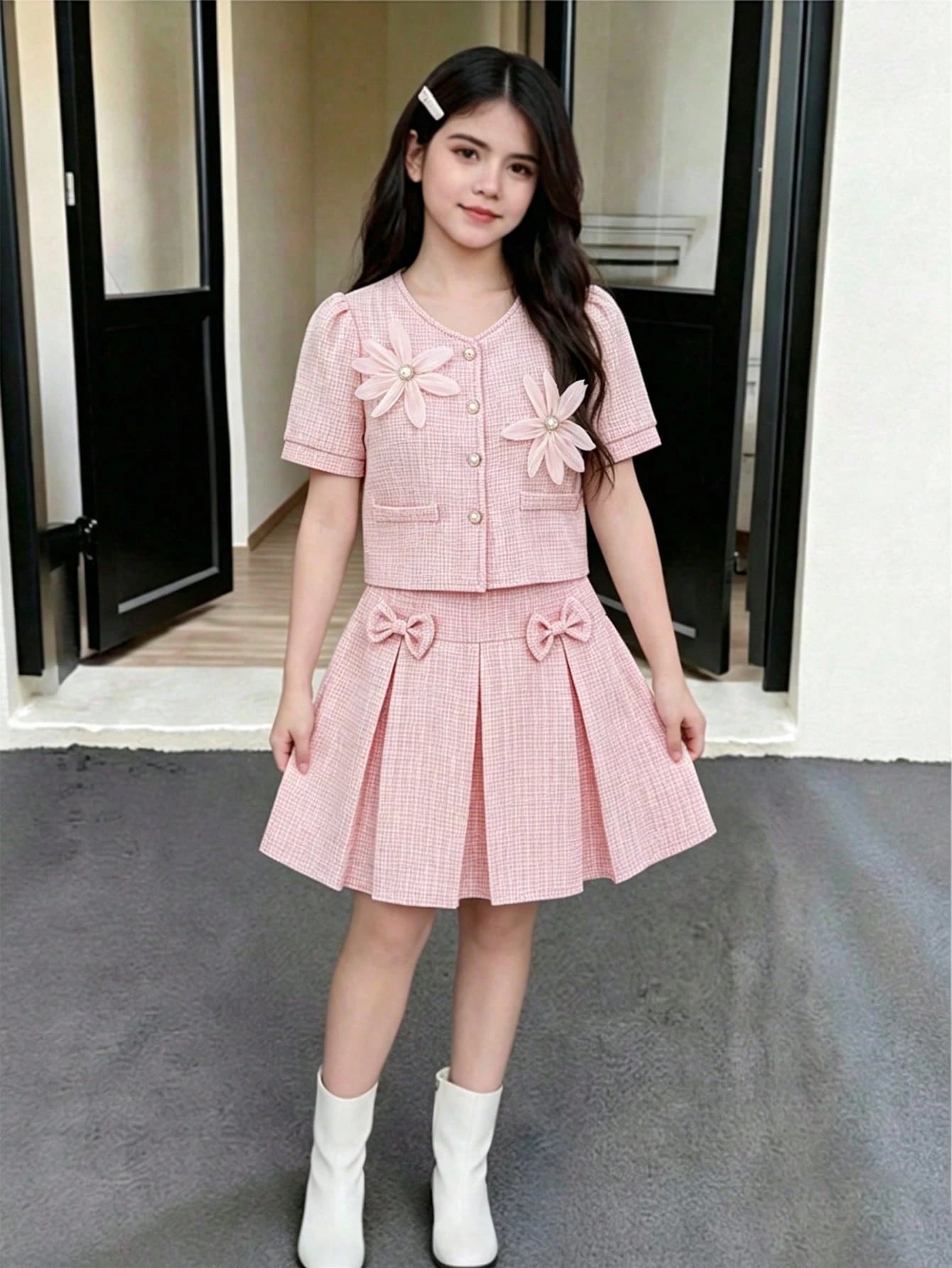 Tween Girl Spring/Summer V-Neck Bowknot Decor Button Front Top And High Waist Pleated Skirt Set, Sweet & Outfit For Party/Commute Blue