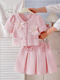 Tween Girl Spring/Summer V-Neck Bowknot Decor Button Front Top And High Waist Pleated Skirt Set, Sweet & Outfit For Party/Commute Blue