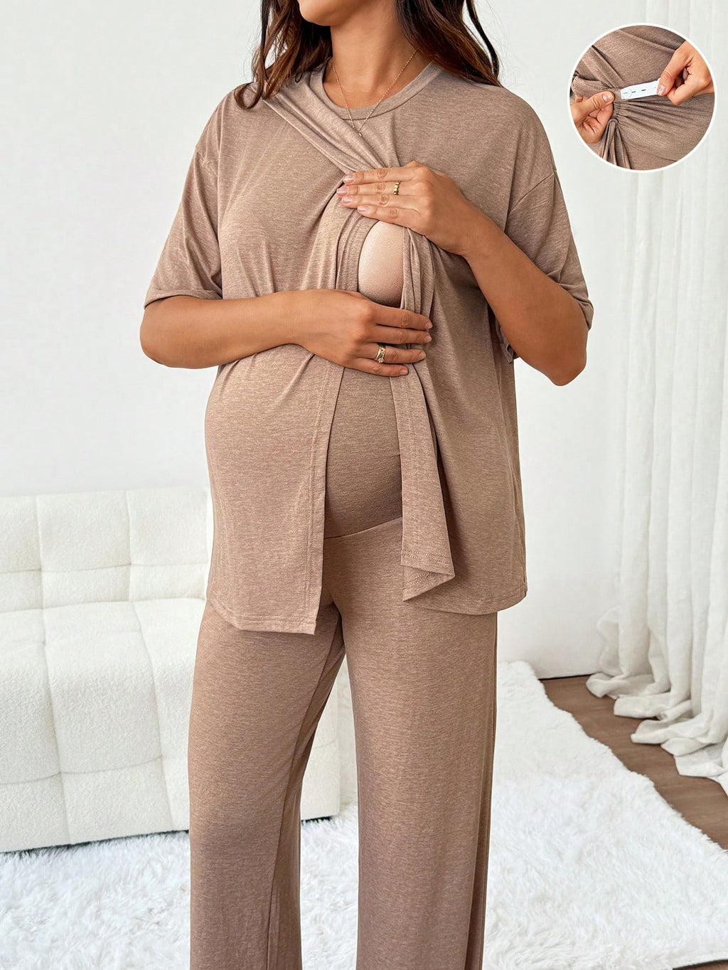 Slowluna Maternity Nursing Top & Adjustable Pants 2-Piece Lounge Set