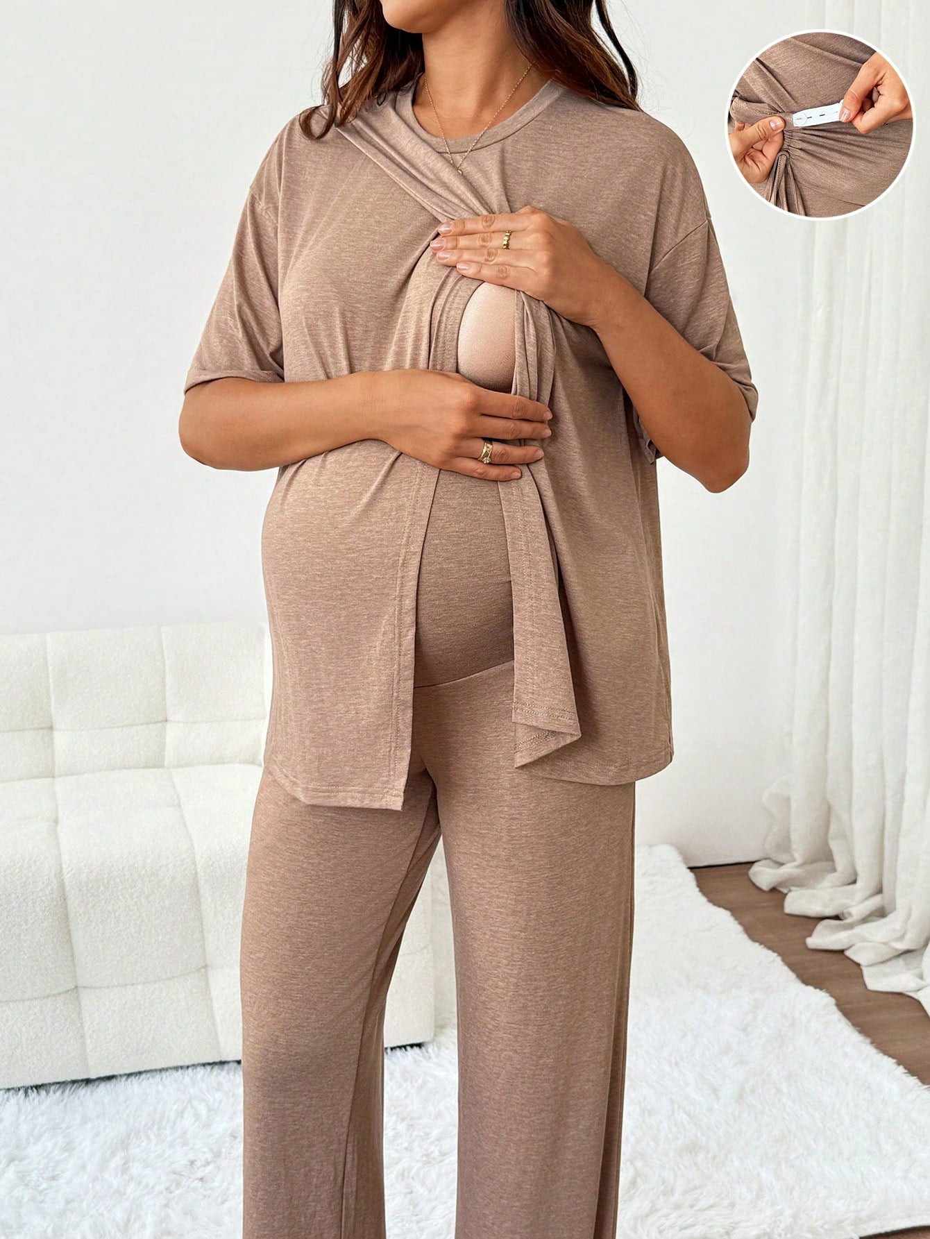 Slowluna Maternity Nursing Top & Adjustable Pants 2-Piece Lounge Set