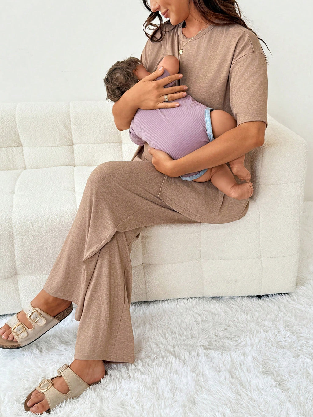 Slowluna Maternity Nursing Top & Adjustable Pants 2-Piece Lounge Set