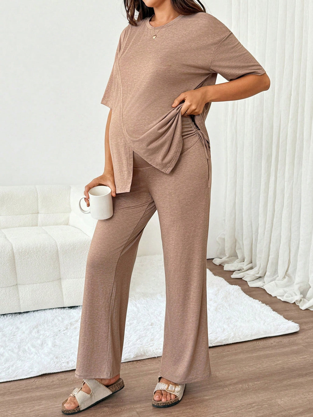 Slowluna Maternity Nursing Top & Adjustable Pants 2-Piece Lounge Set