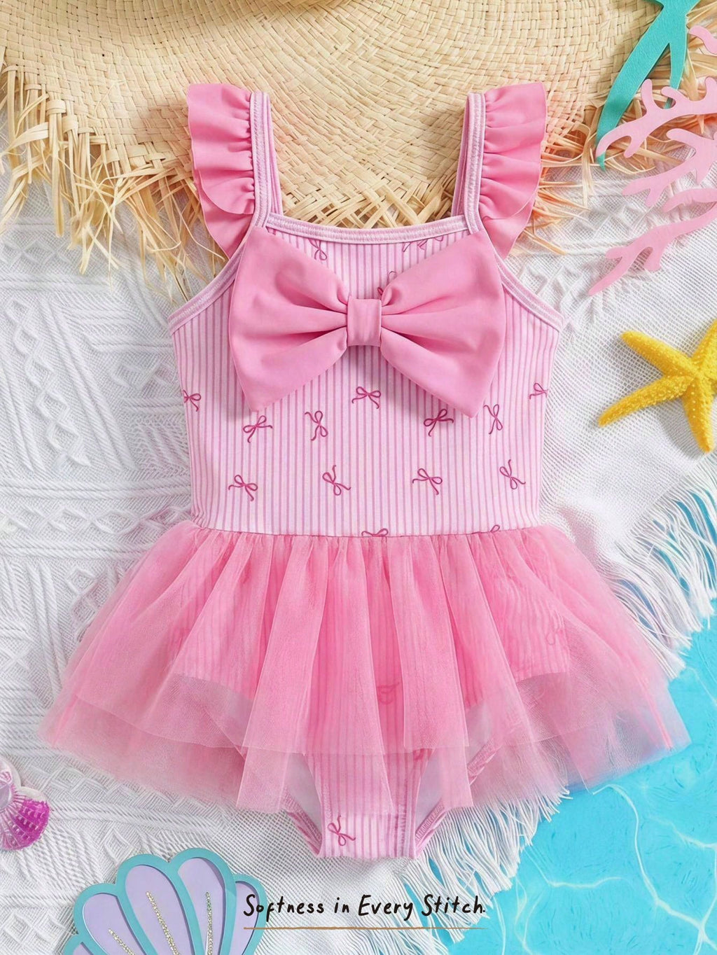 Maillot de bain Bambinoo x Cozy Pixies à rayures et nœud imprimé, maille patchwork pour bébé fille - 1 pièce bleu
