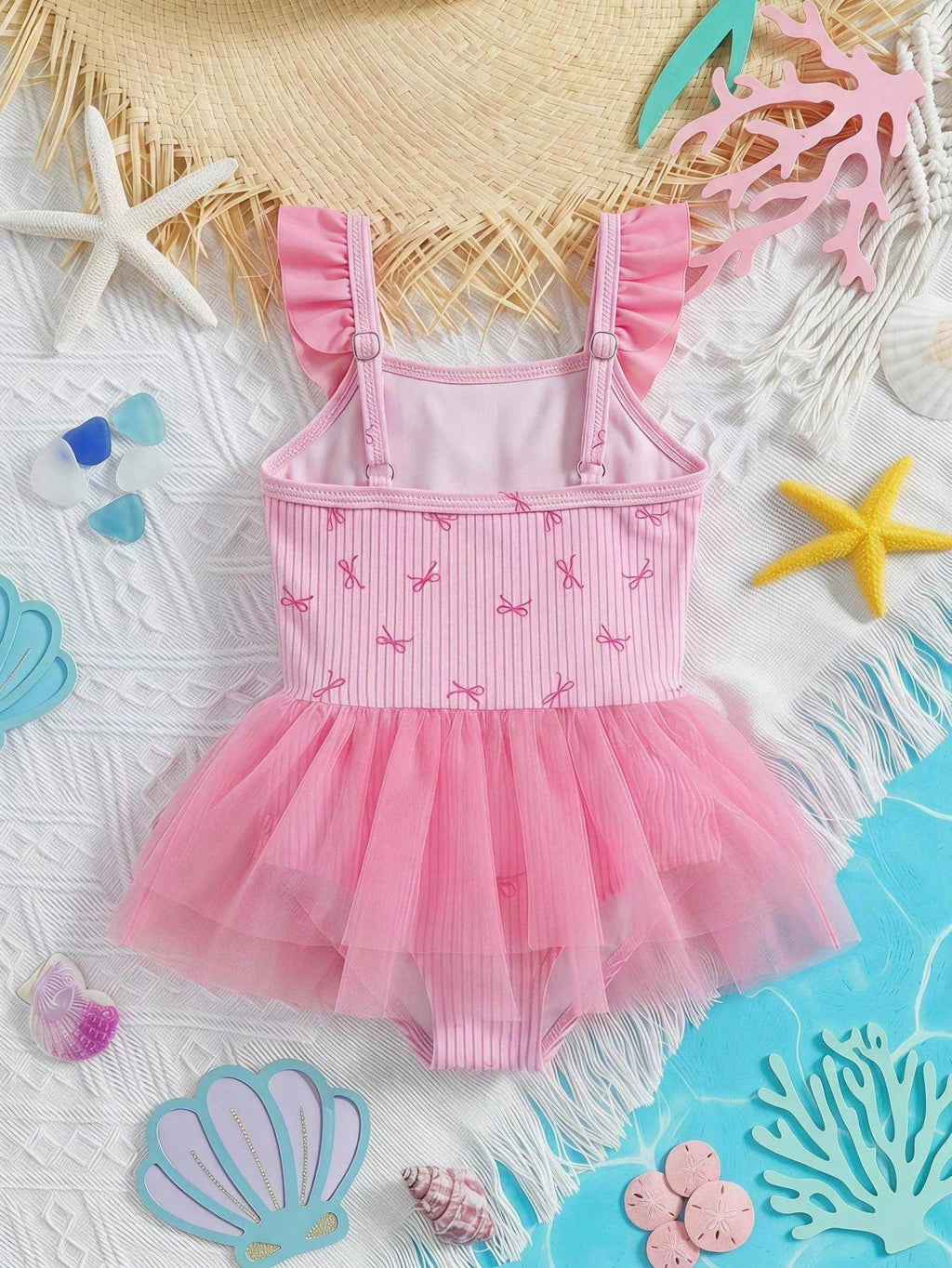 Maillot de bain Bambinoo x Cozy Pixies à rayures et nœud imprimé, maille patchwork pour bébé fille - 1 pièce bleu