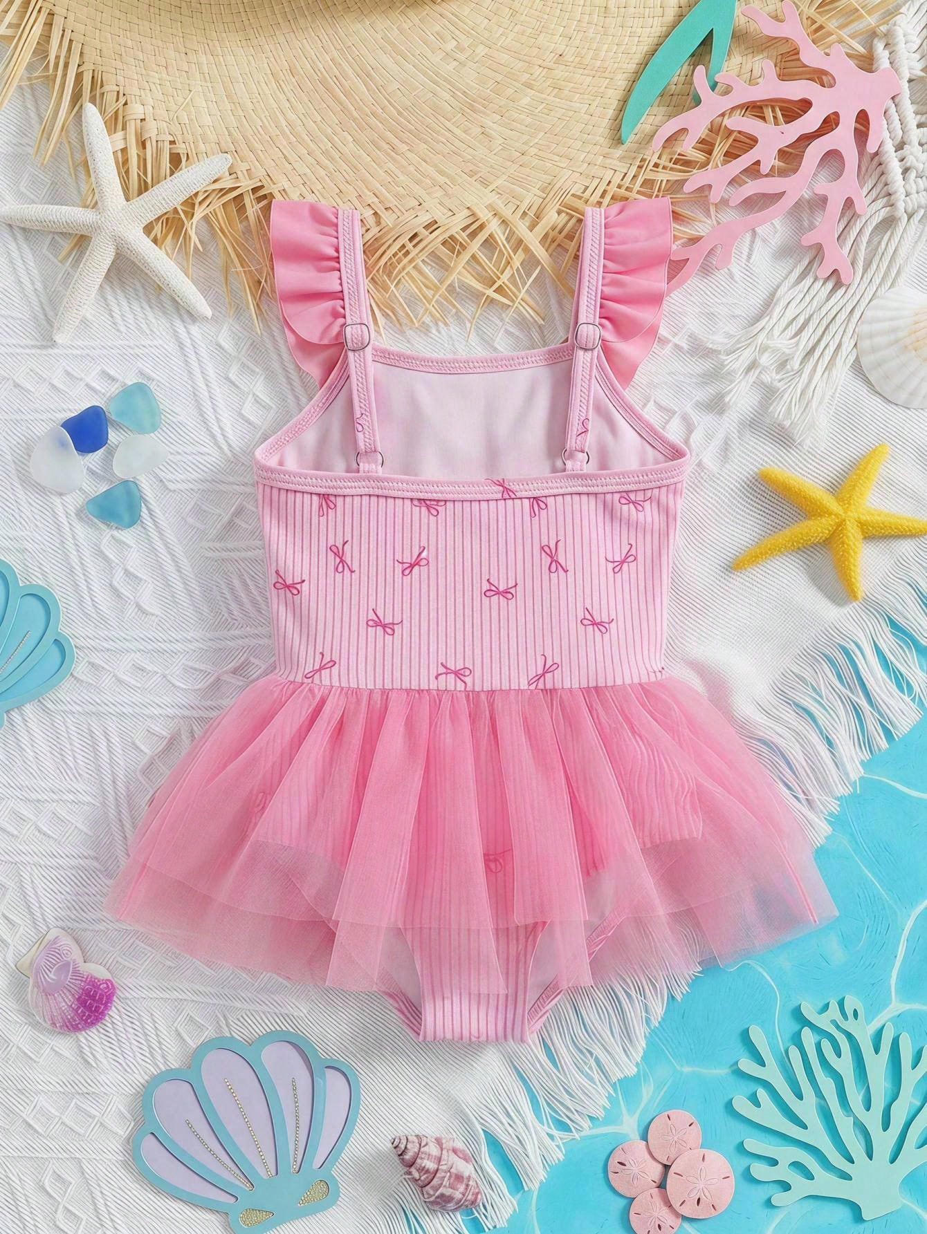 Maillot de bain Bambinoo x Cozy Pixies à rayures et nœud imprimé, maille patchwork pour bébé fille - 1 pièce bleu