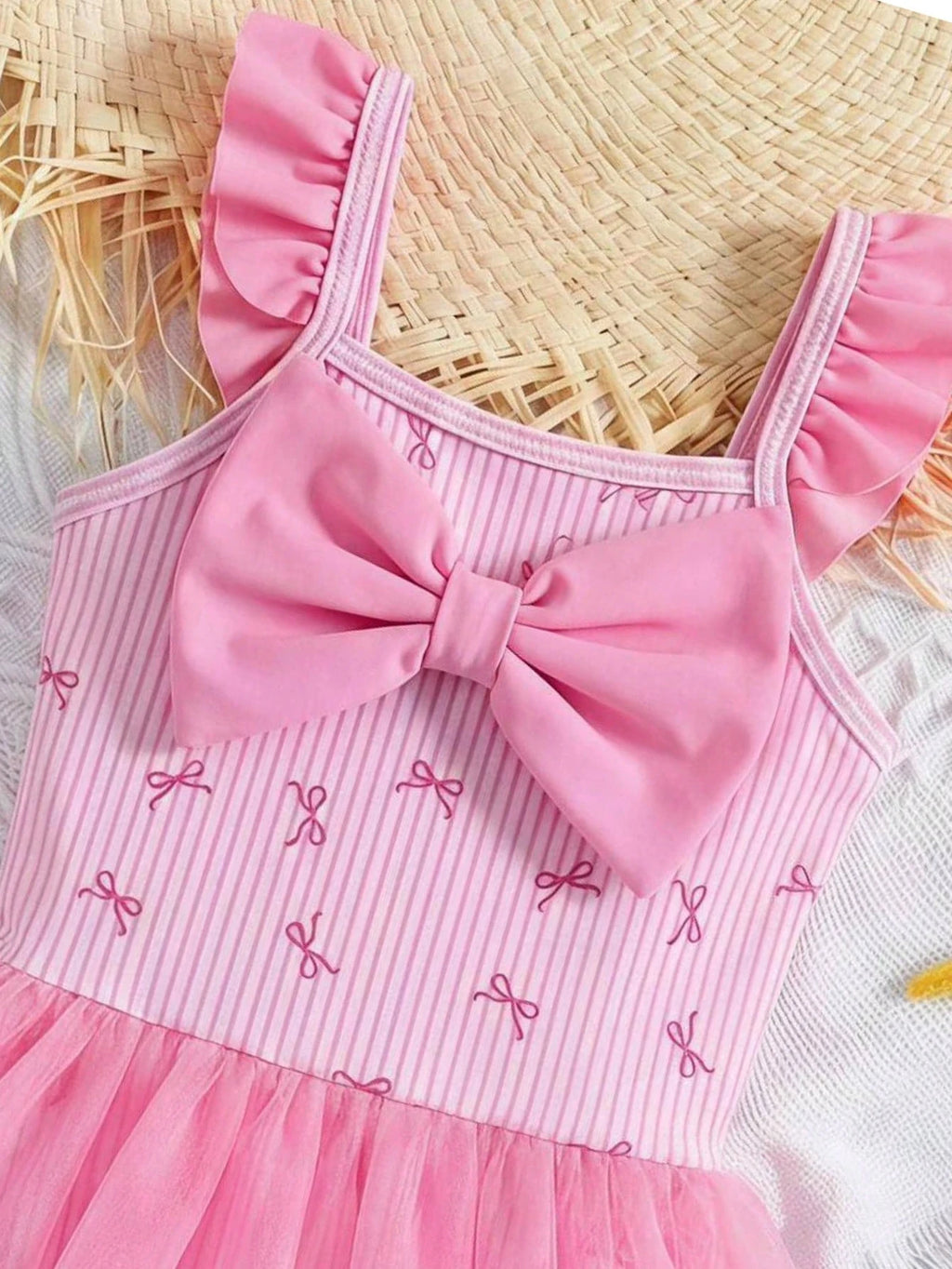 Maillot de bain Bambinoo x Cozy Pixies à rayures et nœud imprimé, maille patchwork pour bébé fille - 1 pièce bleu