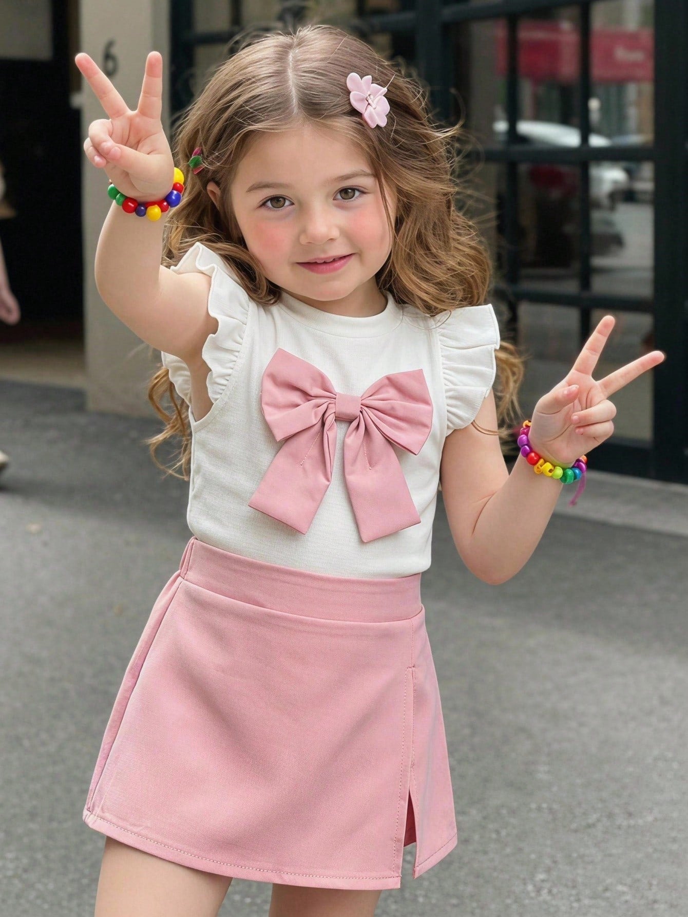 Ensemble 2 pièces Souflis pour bébé fille : haut rose et short fendu