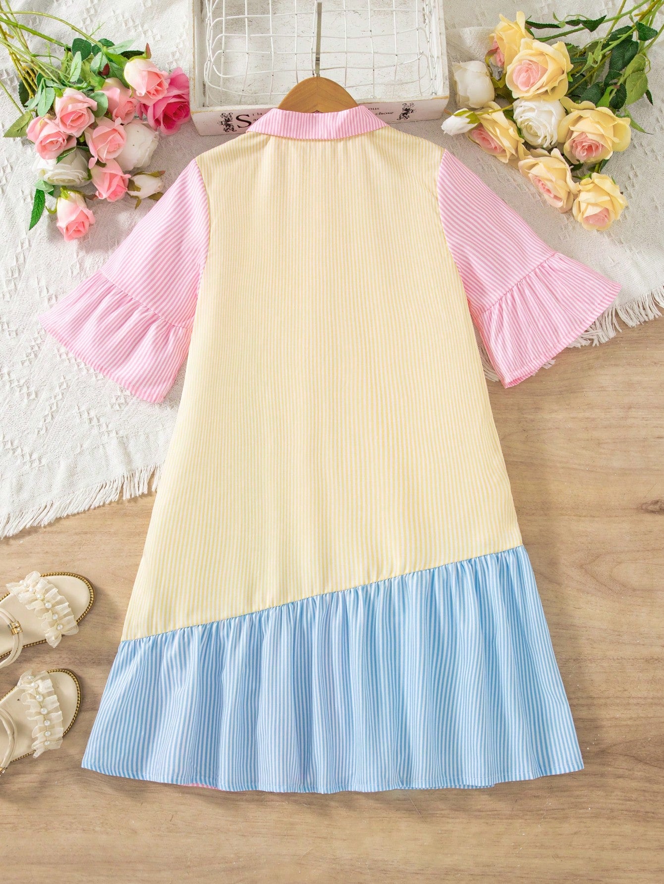 Robe Chemise Fille Rose Rayée Preppy