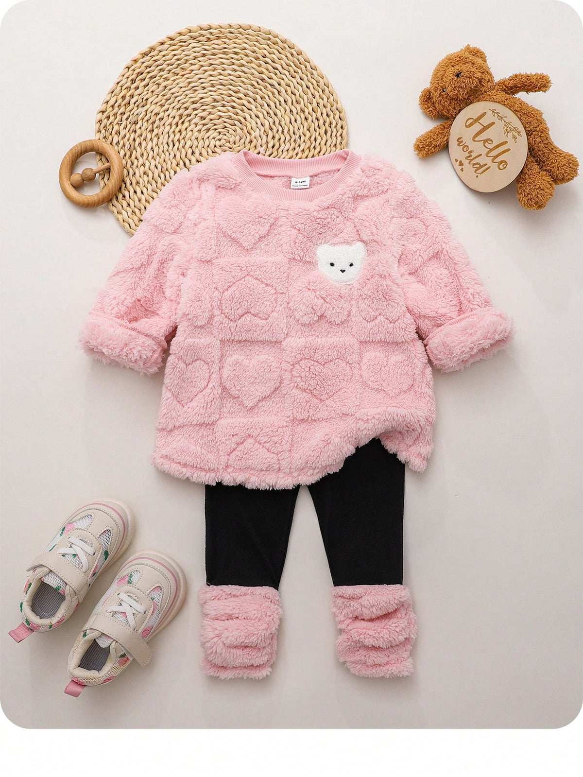 Baby Girl Furry Cartoon Thermal Hoodie Set - Pink