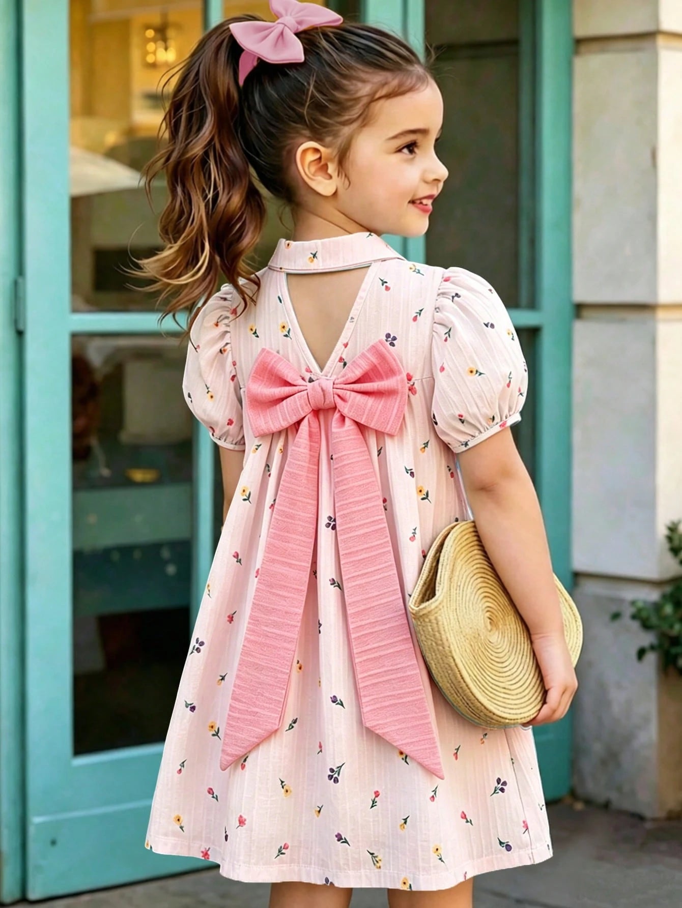 Robe Fille Souflis Floral Rose Nœud Fuchsia