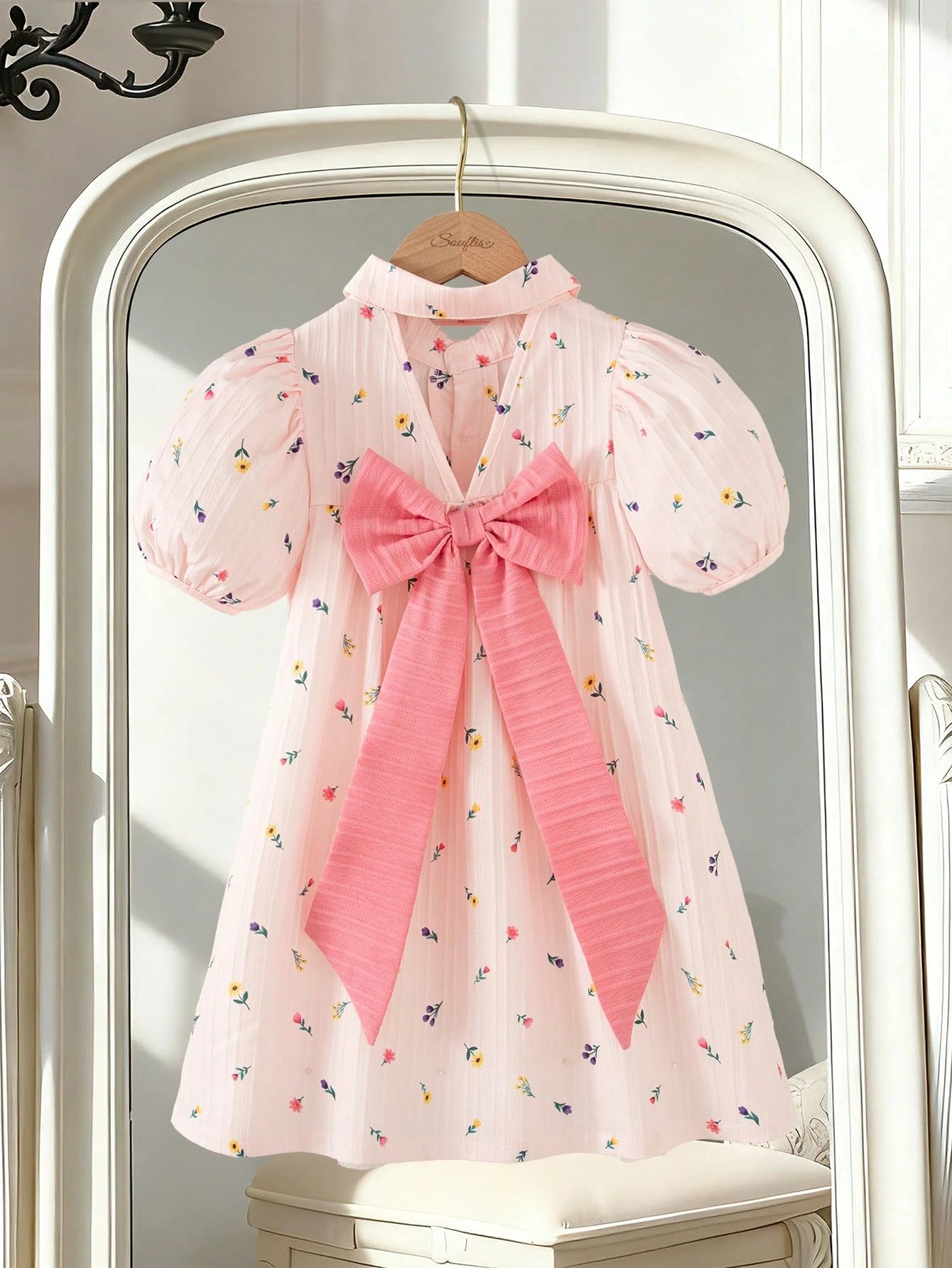 Robe Fille Souflis Floral Rose Nœud Fuchsia